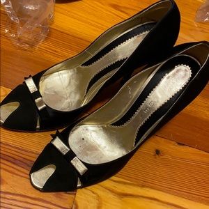 Casadei black satin peep toe pumps w gold size 10